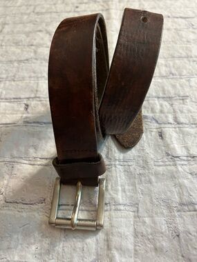 RIGGINGS VTG CHUNKY BROWN LEATHER MENS BELT SILVER TONE ROLL BUCKLE RUGGED STYLE